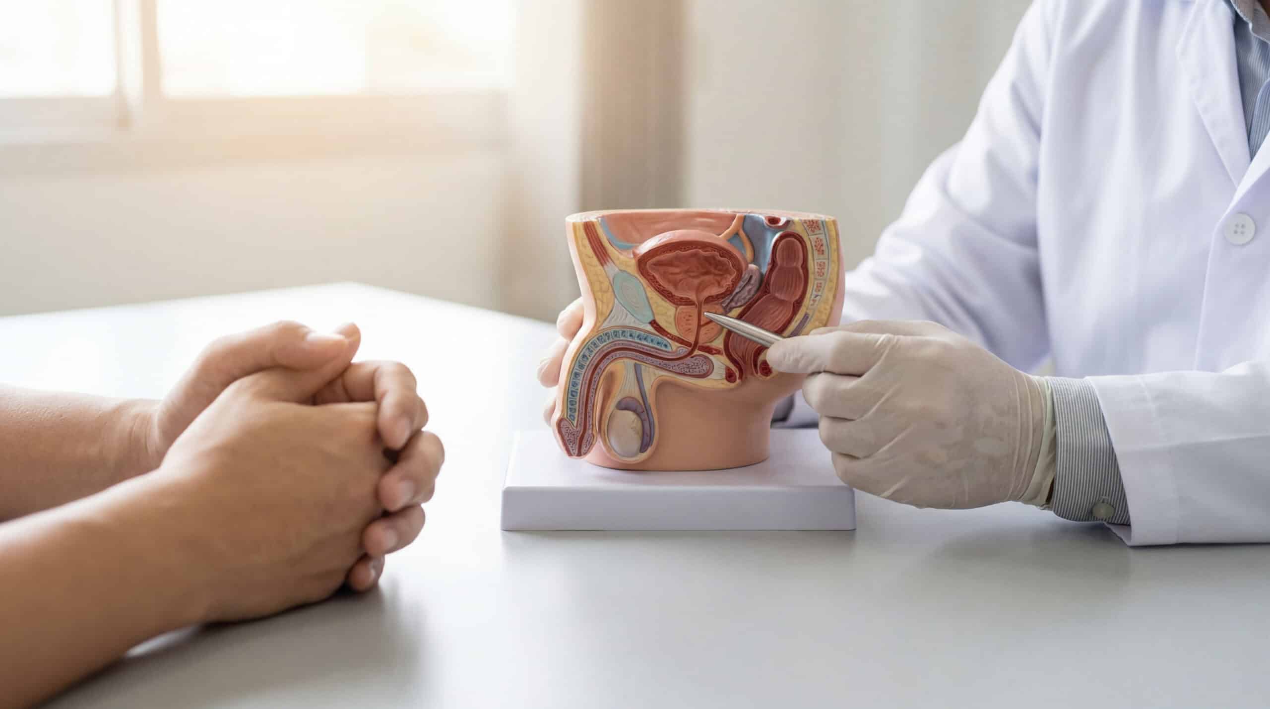Urologe erklärt männliche Anatomie mit einem Modell