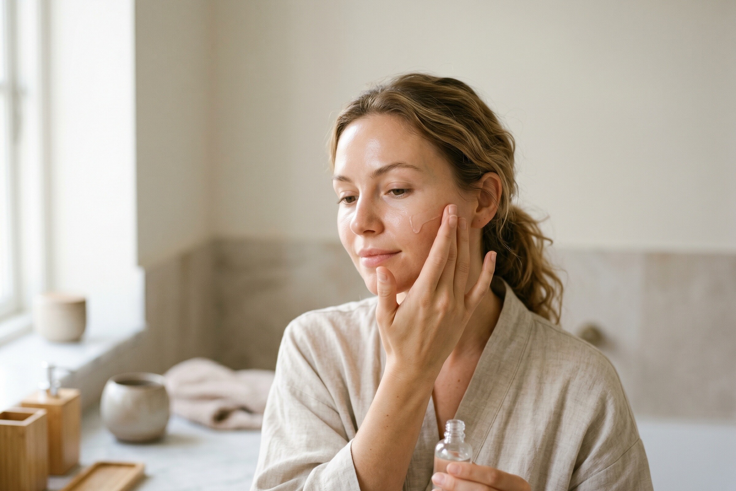 Frau trägt Serum auf die Haut auf – Sonnenschutz und Retinoide bilden die Basis des Collagen Banking