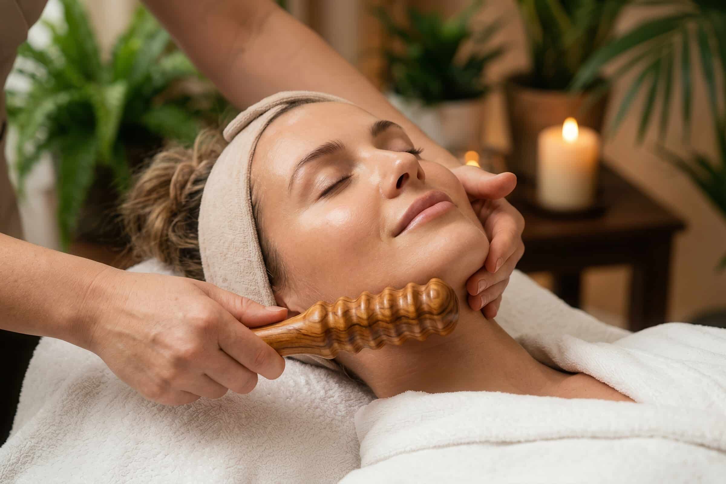 Maderotherapie im Gesicht mit einer geriffelten Holzrolle