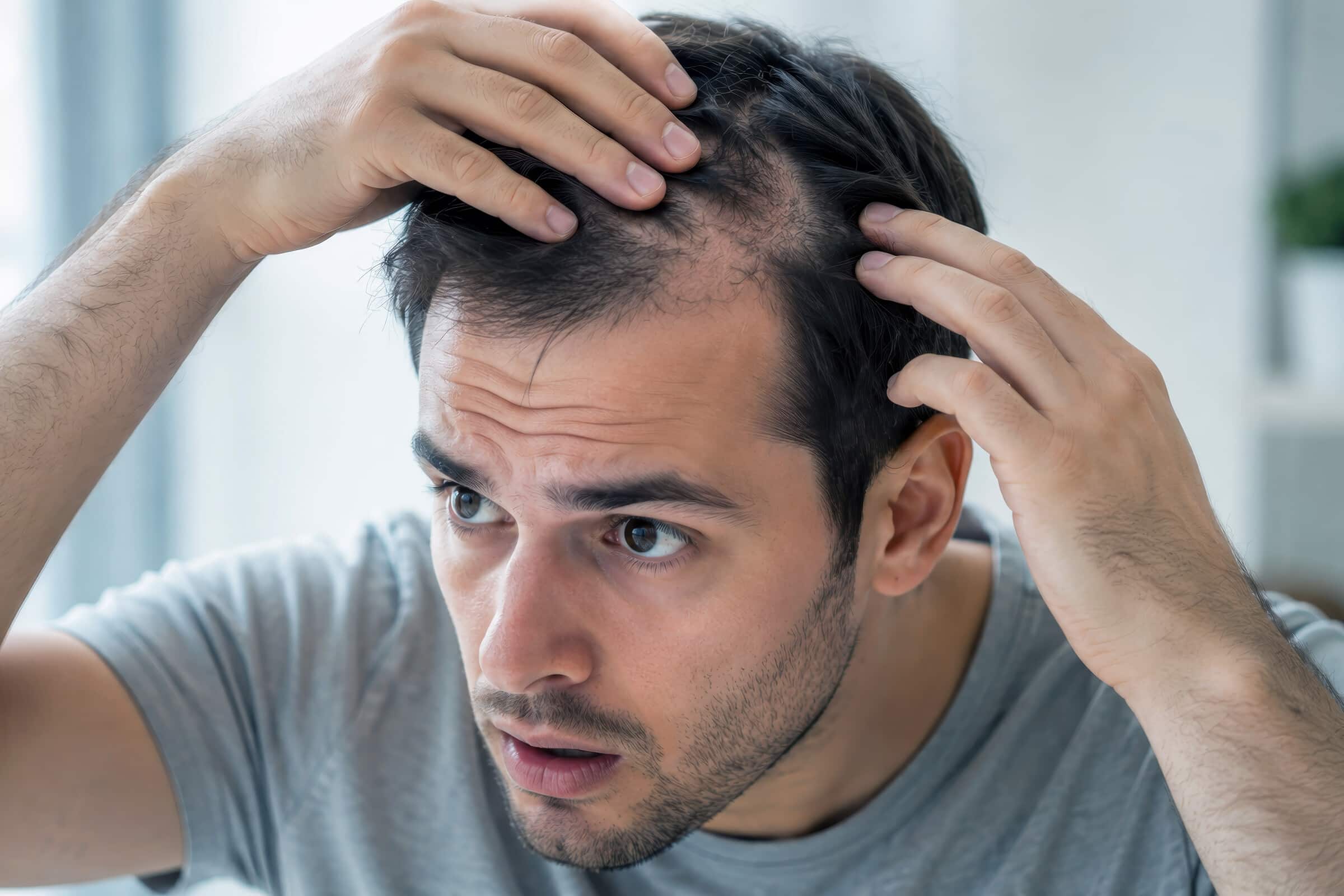 Mann mit beginnendem Haarausfall untersucht seine Geheimratsecken im Spiegel