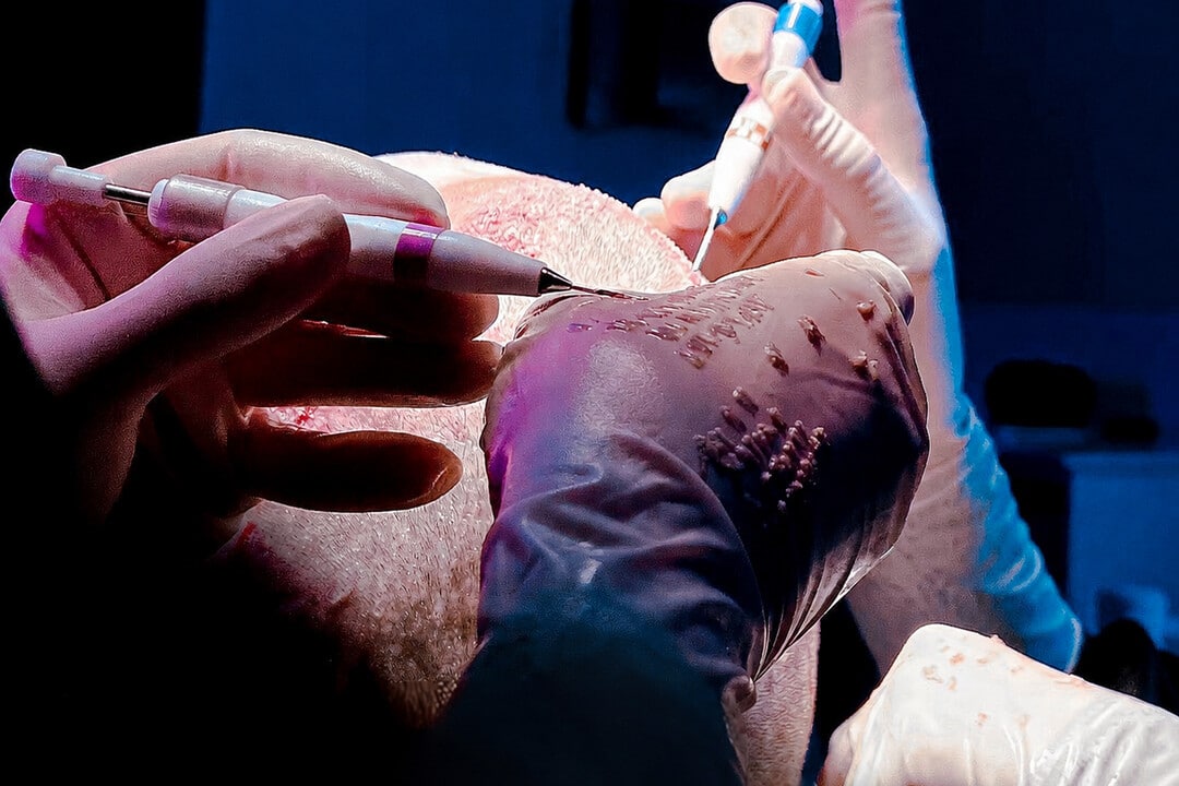 DHI Haartransplantation: Einsetzen der Grafts mit Implantationsstift