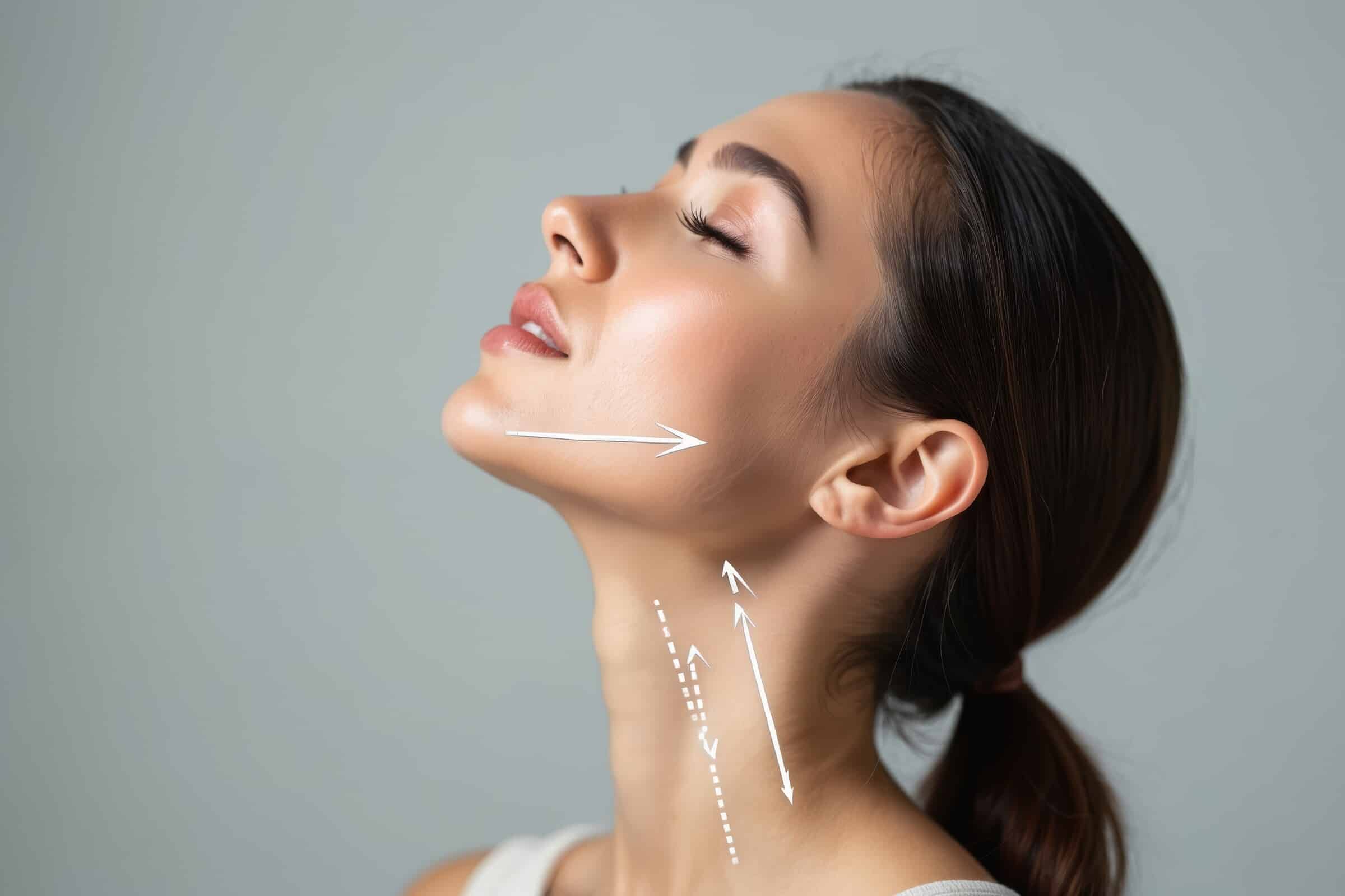 Frau mit gehobenem Kopf und Behandlungspfeilen am Hals – Nefertiti Lift mit Botulinumtoxin