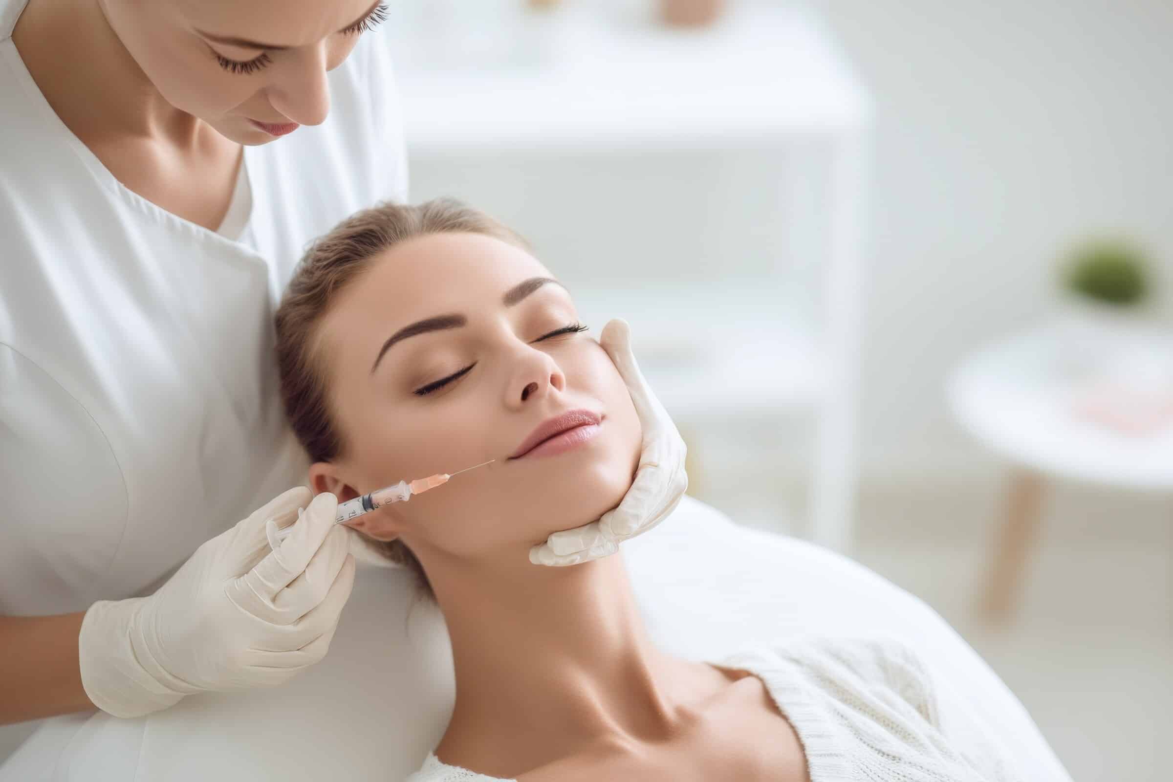 Ärztin injiziert Hyaluronsäure im Wangenbereich – Botulinumtoxin und Filler ergänzen sich beim Liquid Facelift